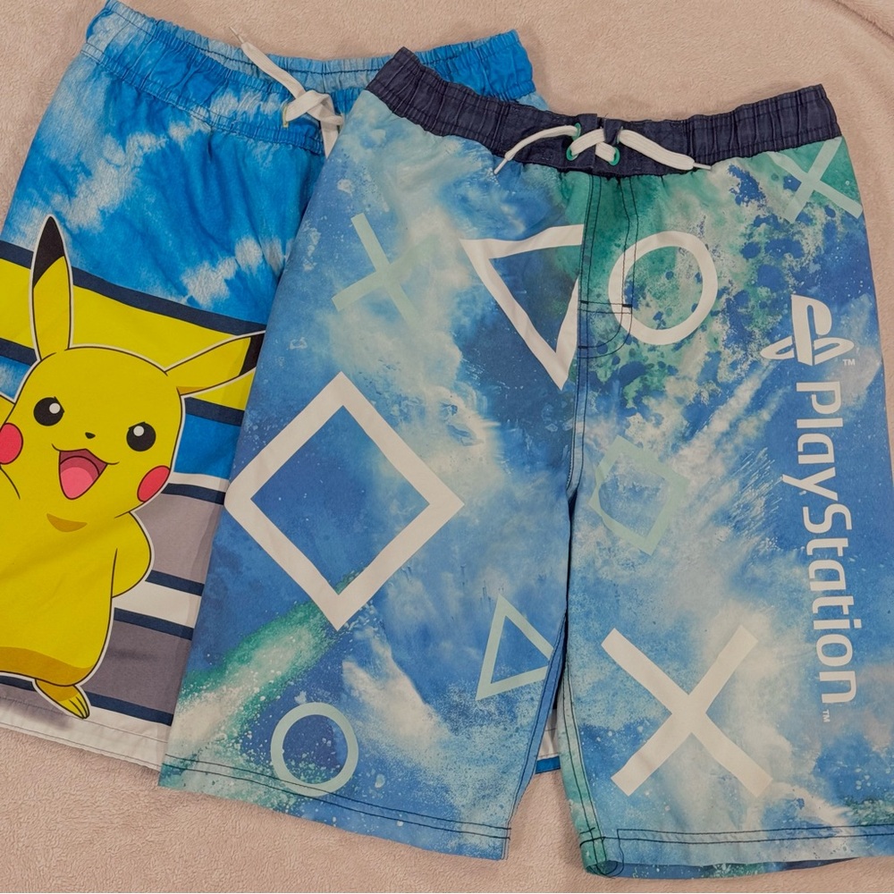 2-Pack Boys’ Swim Trunks, Pokémon and PlayStation, Size L (10-12)